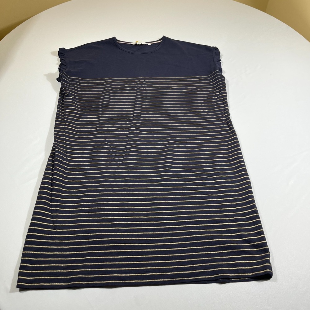 Boden Dress US 8R Navy Blue Gold Metallic Striped Ruffle Sleeve T-Shirt Cotton